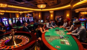 Engaging players experiencing high-stakes action at LC88 casino with vibrant tables and slot machines.