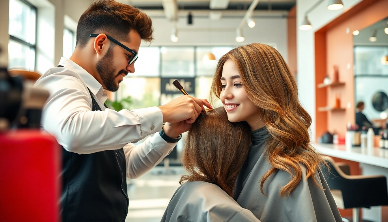 Coafat Craiova - st stylist aplicând un stil modern pe o clientă într-un salon elegant.