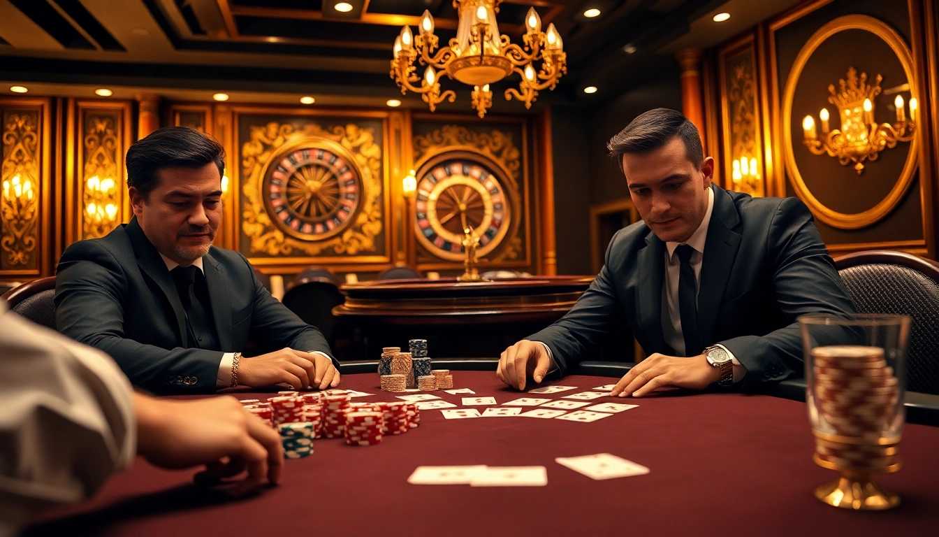 Engage in thrilling poker action at a luxury casino featuring vn168 elements amidst vibrant ambiance.