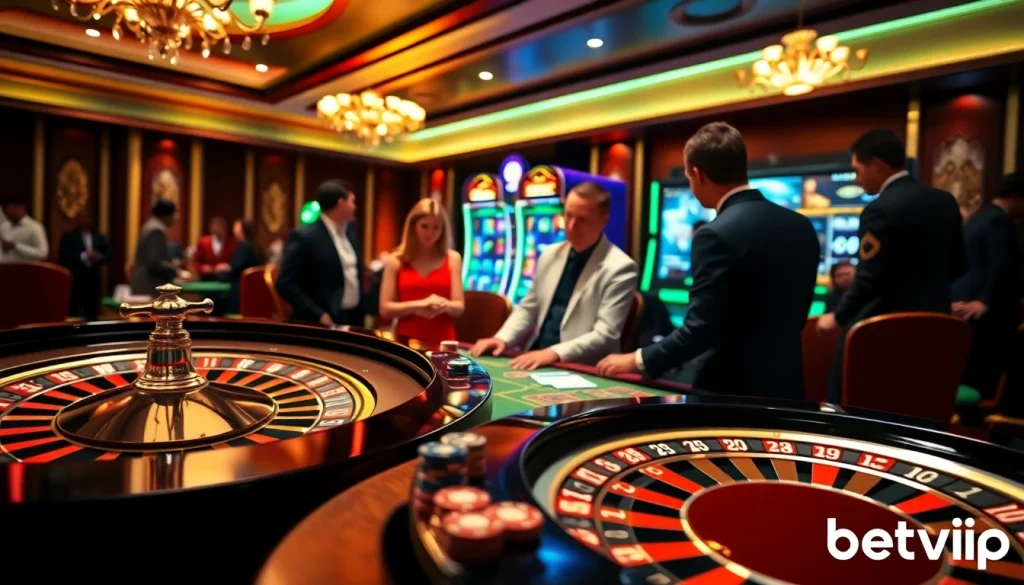 Trải nghiệm cảm giác hồi hộp tại betvip với poker, chips và roulette trong một casino sang trọng.