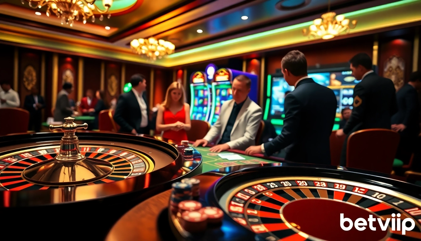 Trải nghiệm cảm giác hồi hộp tại betvip với poker, chips và roulette trong một casino sang trọng.