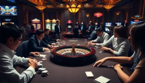 S88vip players strategizing at a casino table surrounded by cards and chips, showcasing excitement.