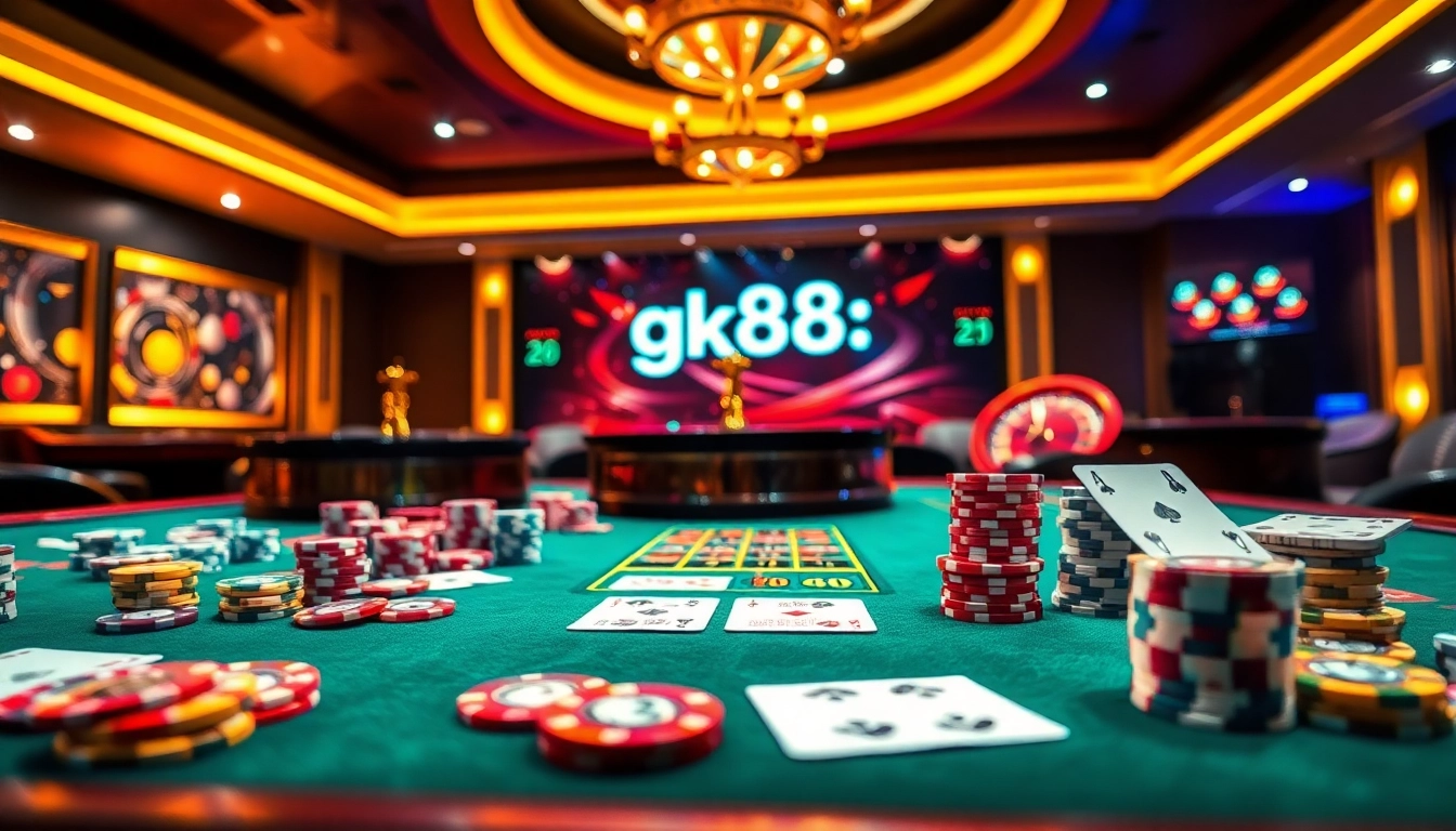 Engage in thrilling gameplay with gk88 bet at a luxurious casino table featuring vibrant poker chips and cards.