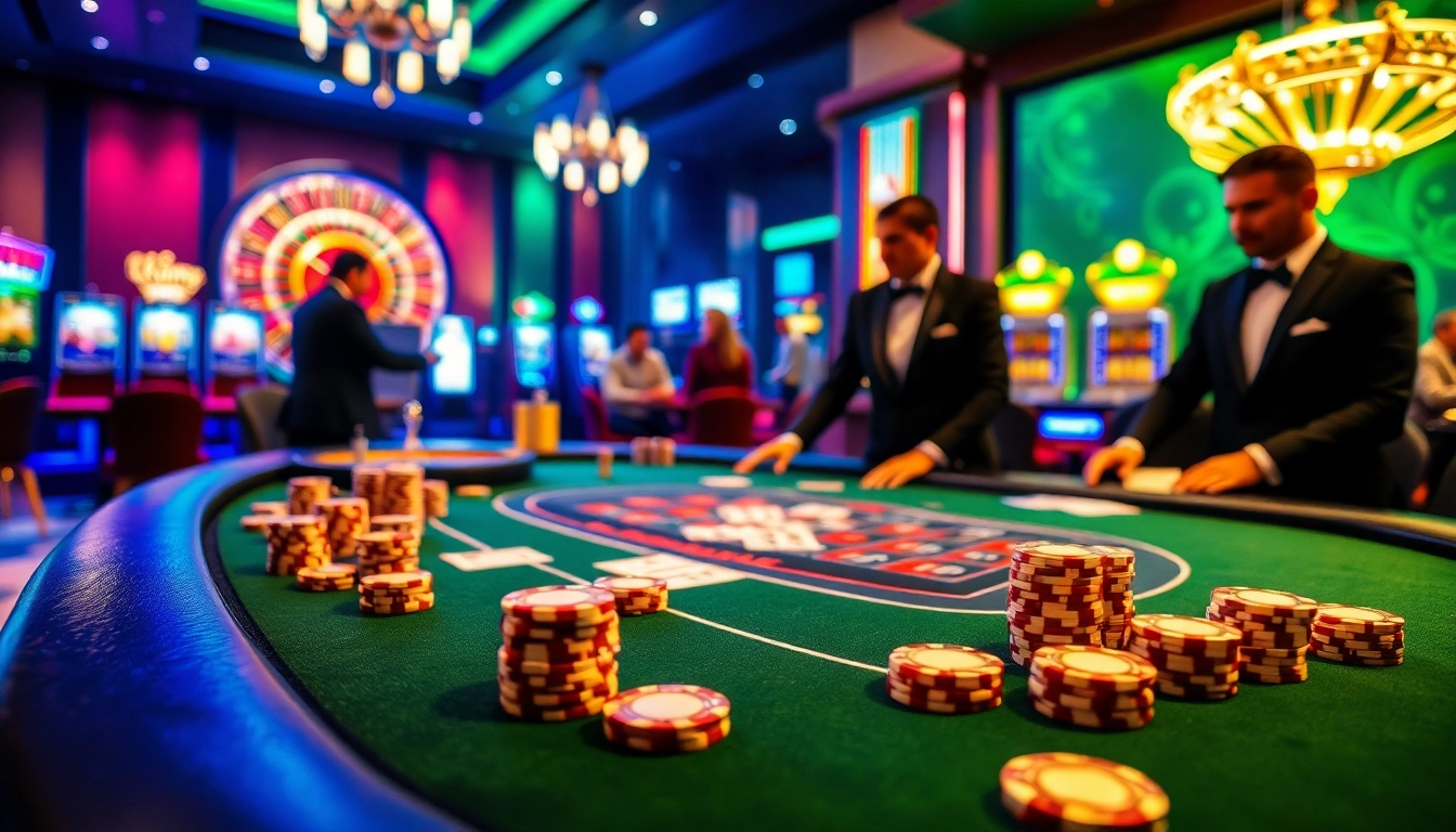 Experience the thrill of 79KING with players enjoying blackjack and roulette in a vibrant casino setting.