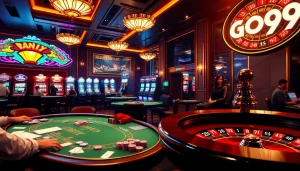 Excited gamblers enjoying a vibrant casino scene with GO99 branding and dynamic gaming options.