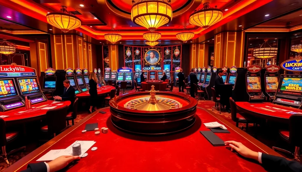 Experience the thrill of Luckywin in a luxurious casino atmosphere with roulette and engaged players.