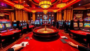 Experience the thrill of Luckywin in a luxurious casino atmosphere with roulette and engaged players.