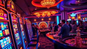 Slot777 players celebrating wins at bright slot machines in a vibrant casino atmosphere.