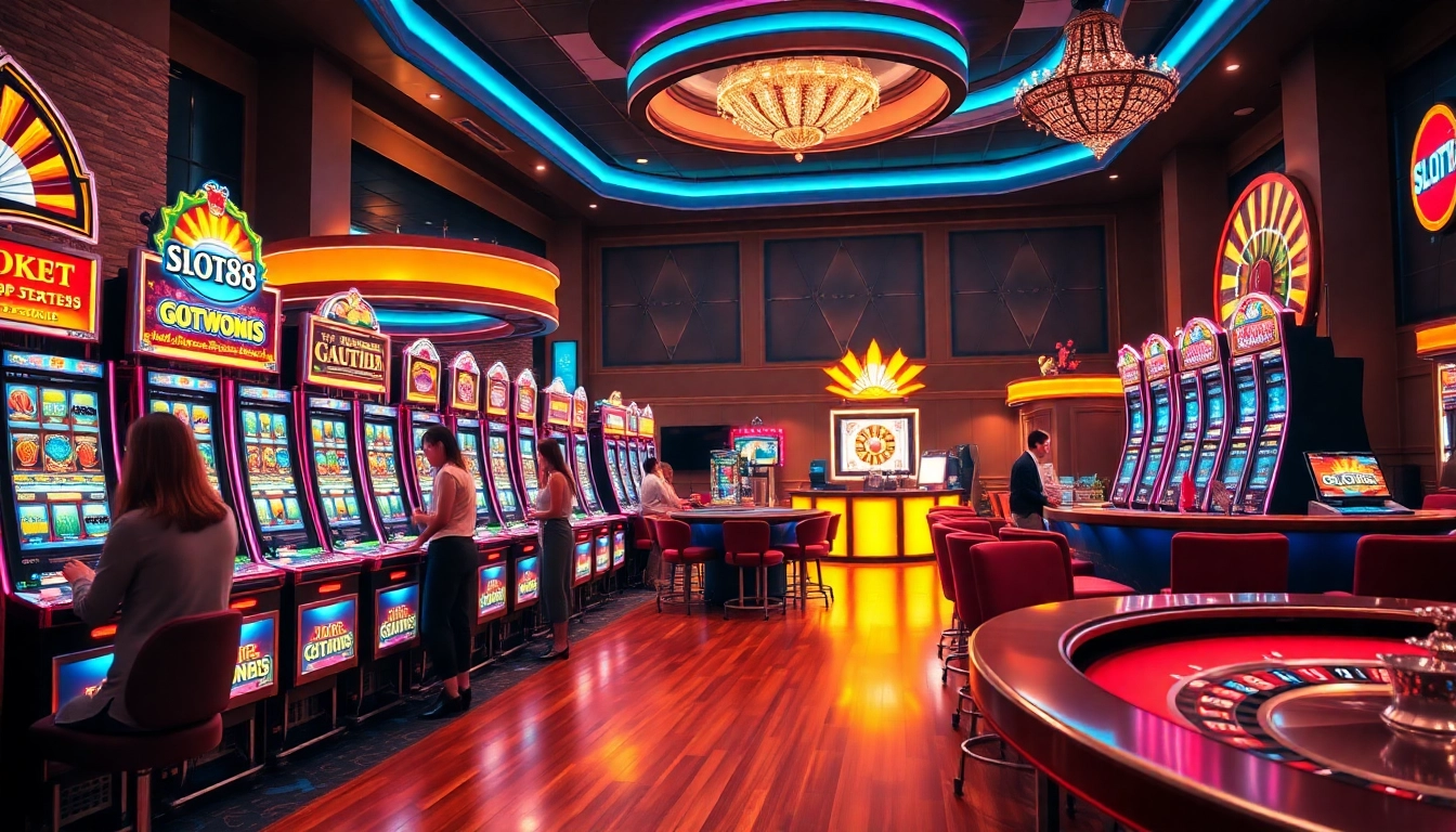Excited players engaging with slot88 machines in a luxurious casino environment.