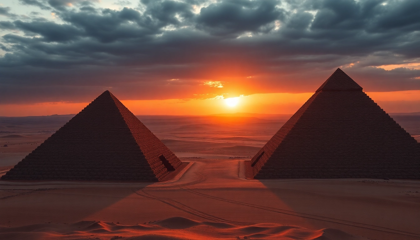 Pyraminds rising majestically against a vibrant sunset in the desert.