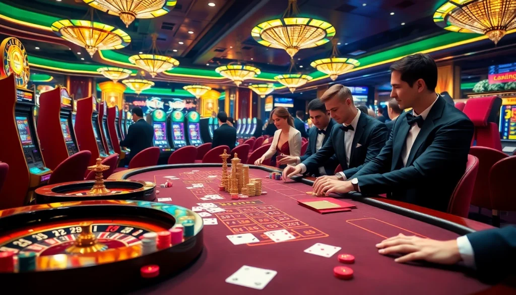 Players enjoying a thrilling moment at a casino, showcasing the excitement of 79 king gaming with vibrant tables and slot machines.