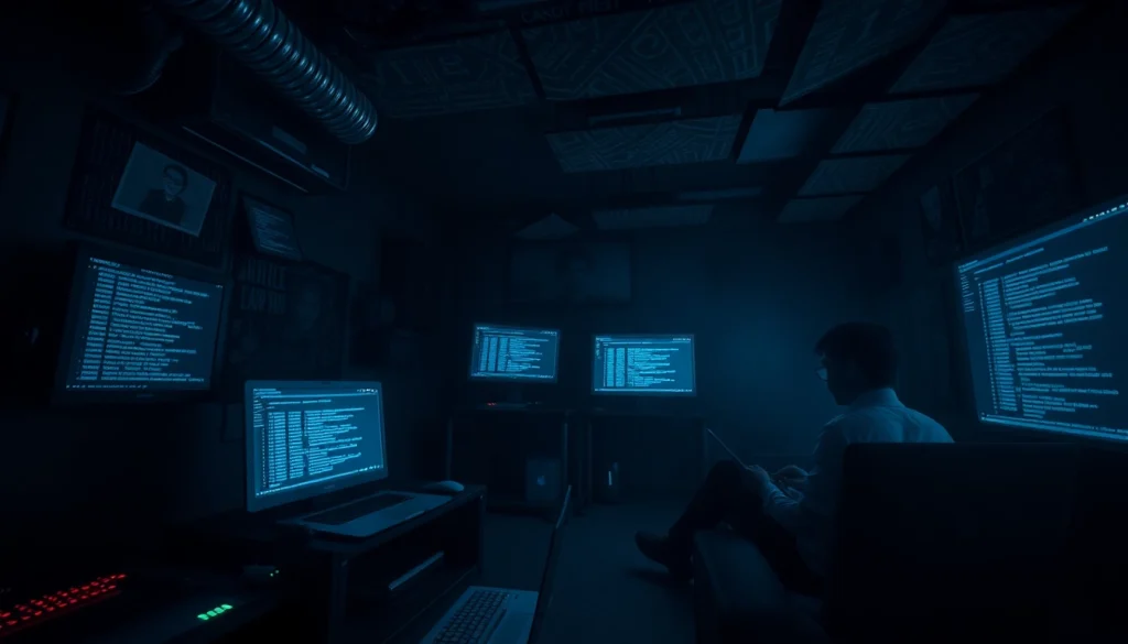 The hidden wiki illustrated in a dimly lit digital underground, featuring computers, encryption, and a sense of mystery.
