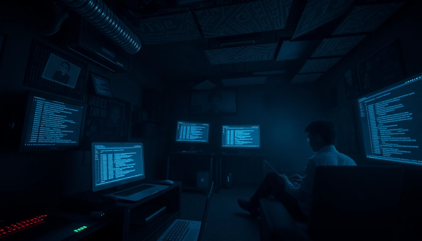 The hidden wiki illustrated in a dimly lit digital underground, featuring computers, encryption, and a sense of mystery.