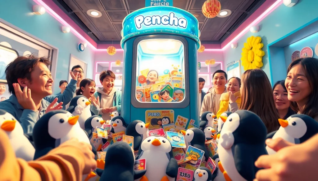 コレクターを惹きつけるコレクションとともに、遊び心あふれる雰囲気の中でペンギンガチャ おすすめを紹介するワクワクする場面。