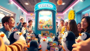 コレクターを惹きつけるコレクションとともに、遊び心あふれる雰囲気の中でペンギンガチャ おすすめを紹介するワクワクする場面。