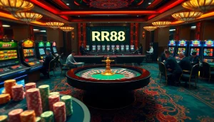 Thrilling casino gameplay featuring RR88 logo on roulette and slot machines.