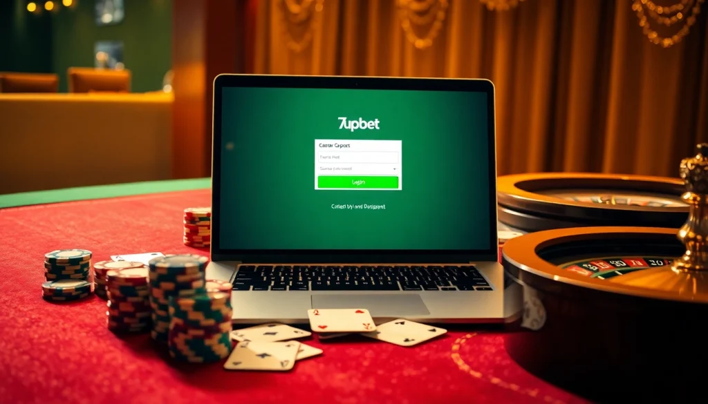 Place bets successfully on the 7upbet platform, featuring poker chips and cards.