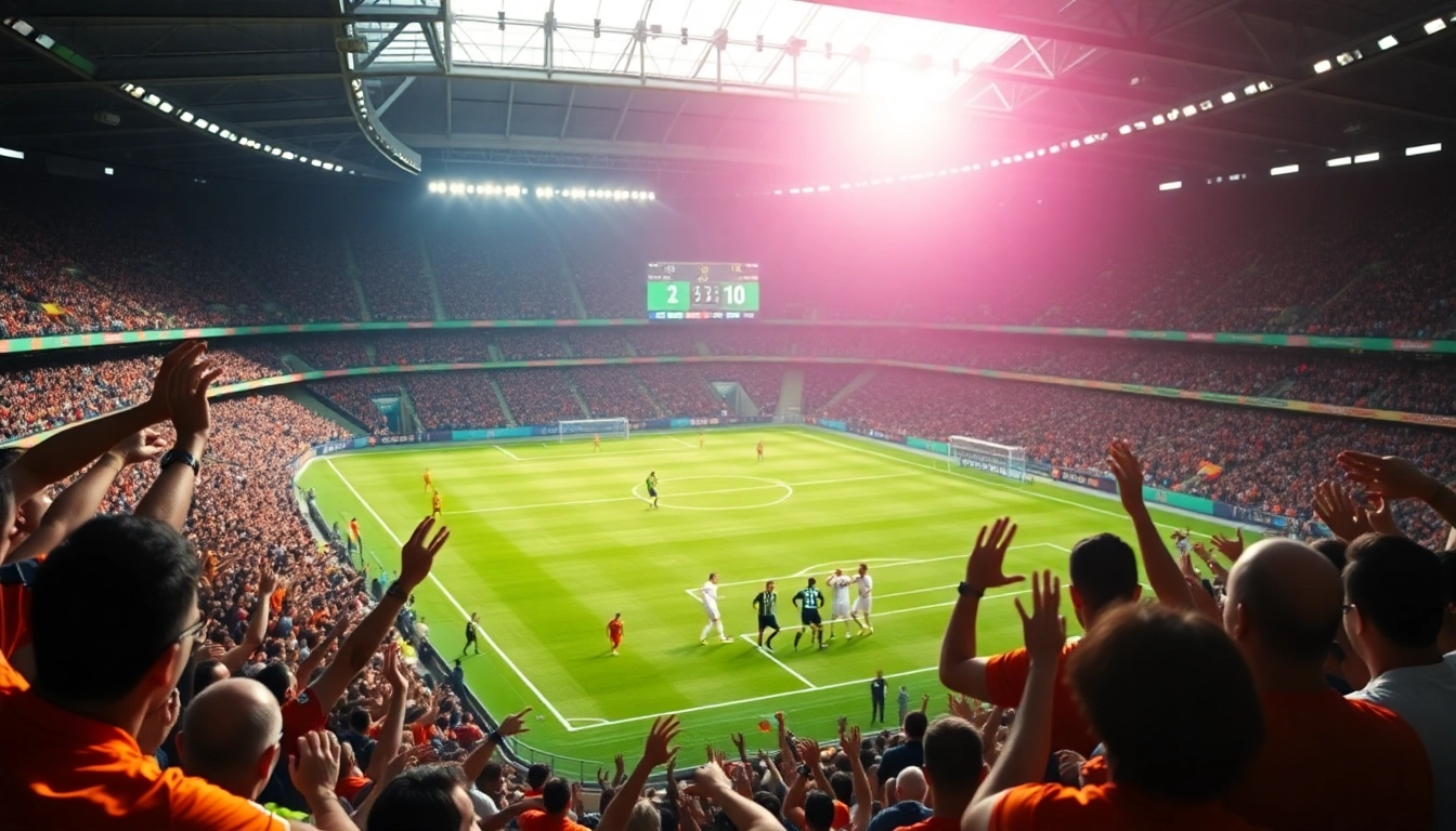 ติดตามผลบอลสด7m กับภาพสกอร์บอร์ดฟุตบอลในสนามที่มีแฟนๆ เชียร์อยู่เบื้องหลัง