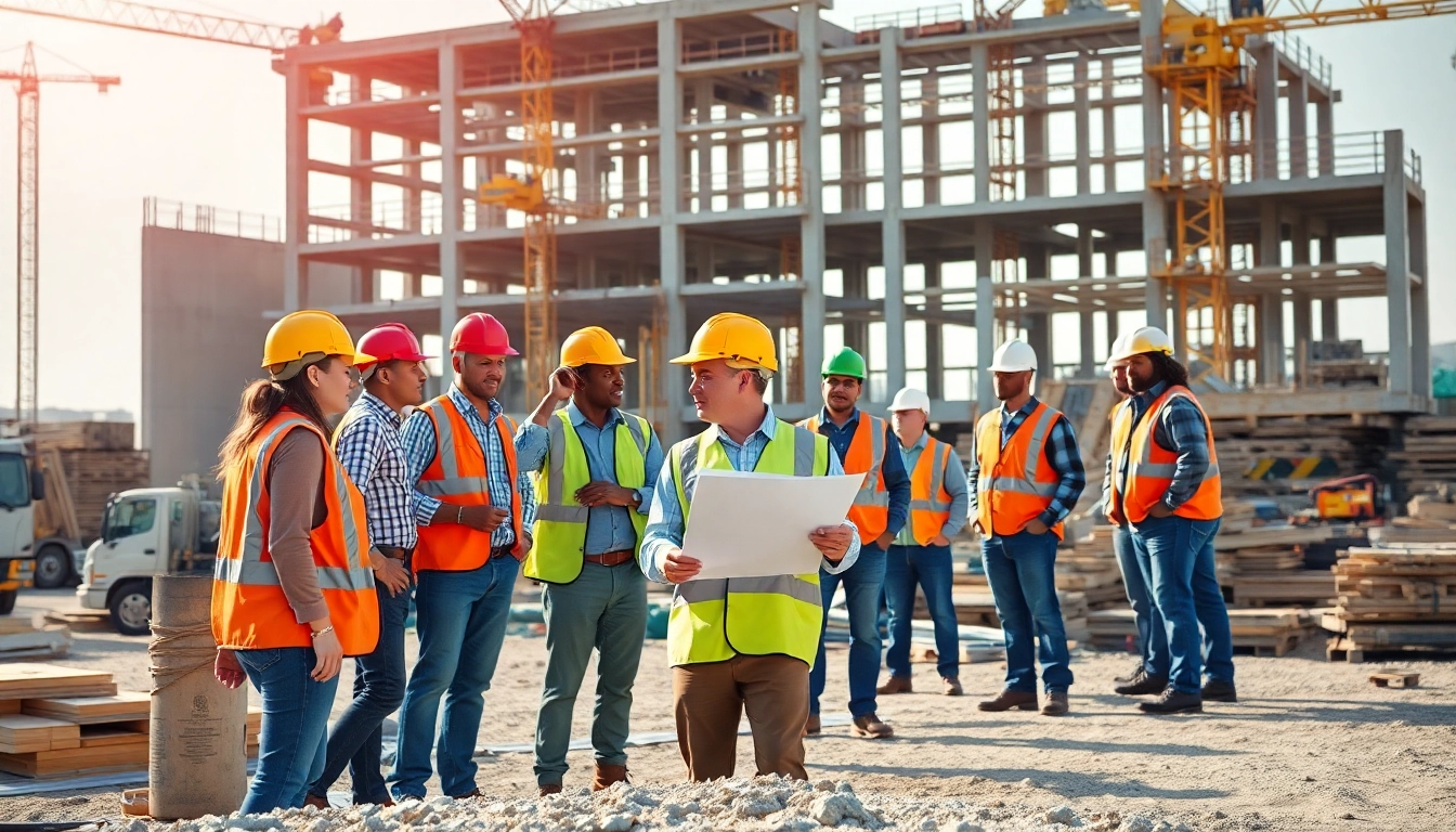 Construction association South Carolina workers collaborating on-site with blueprints.