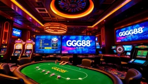 Experience the thrill of GG88 with vibrant casino visuals showcasing poker tables and slot machines.