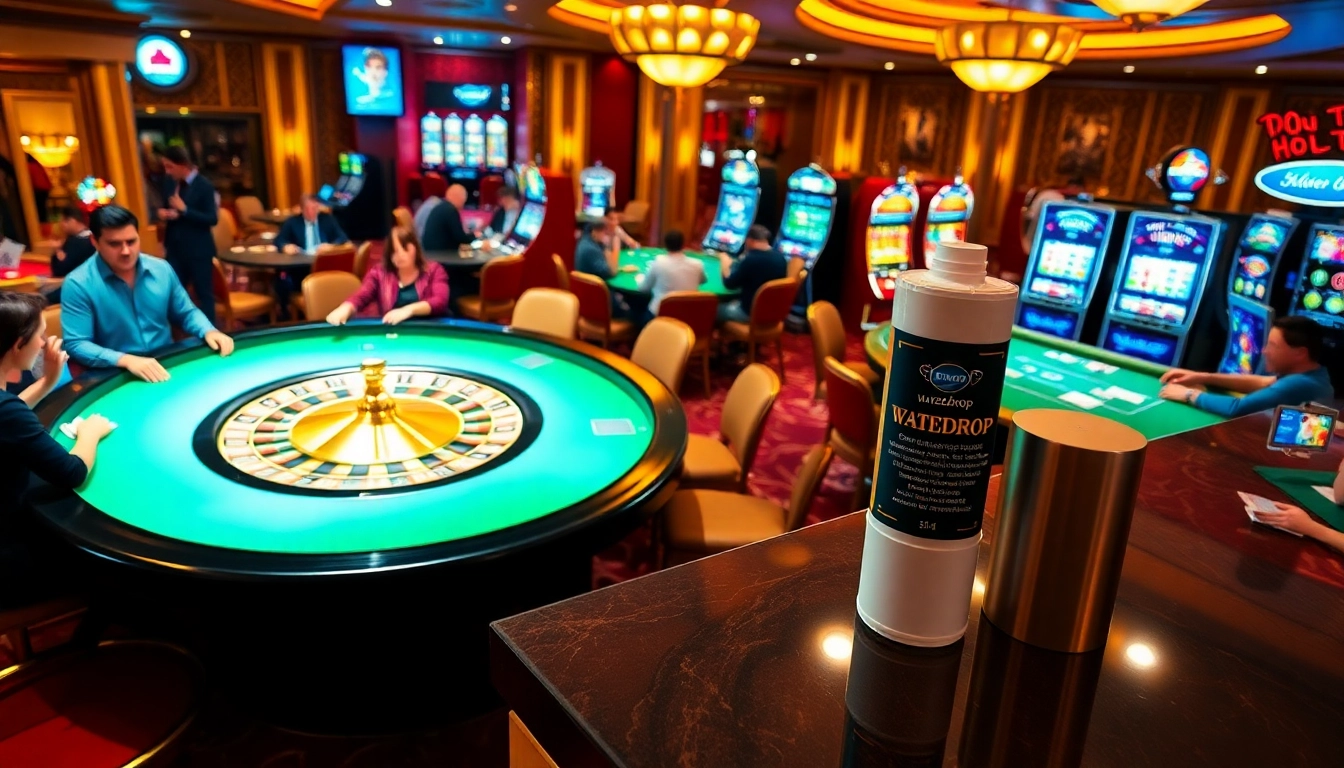 Waterdrop DA29-00020B Refrigerator Water Filter displayed in an exciting casino scene with roulette and poker.