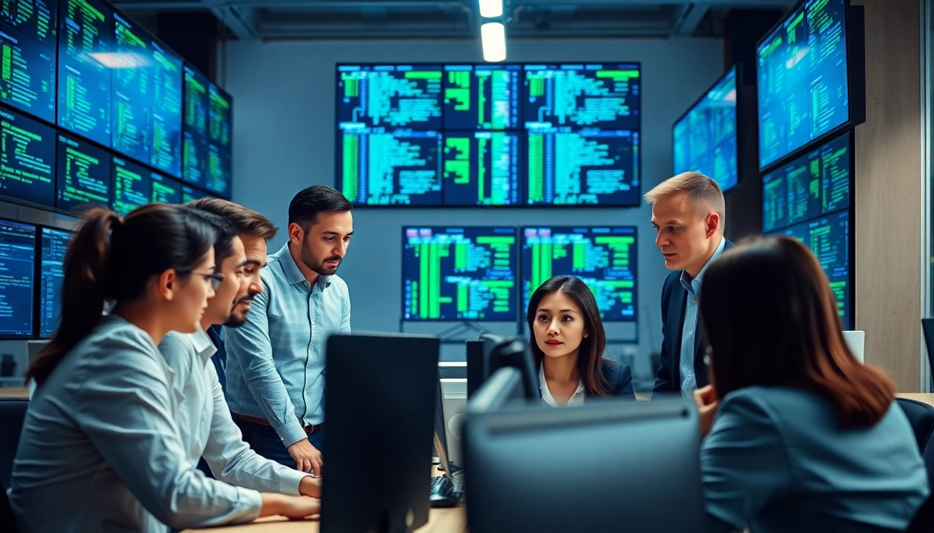 Team providing managed IT support in a modern office environment with high-tech devices.