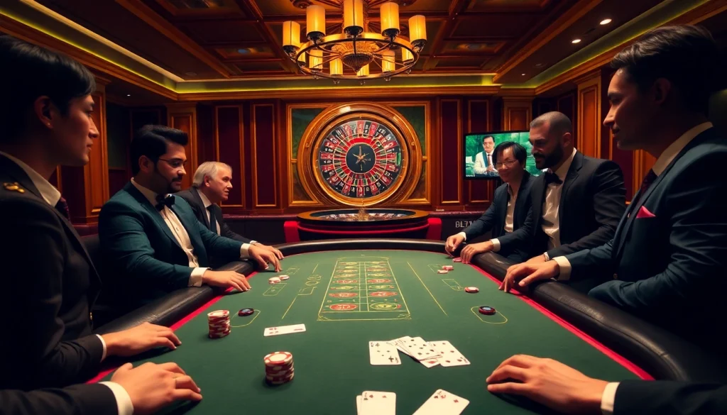 Players experience the excitement of Luckywin at a luxurious poker table filled with vibrant chips and cards.