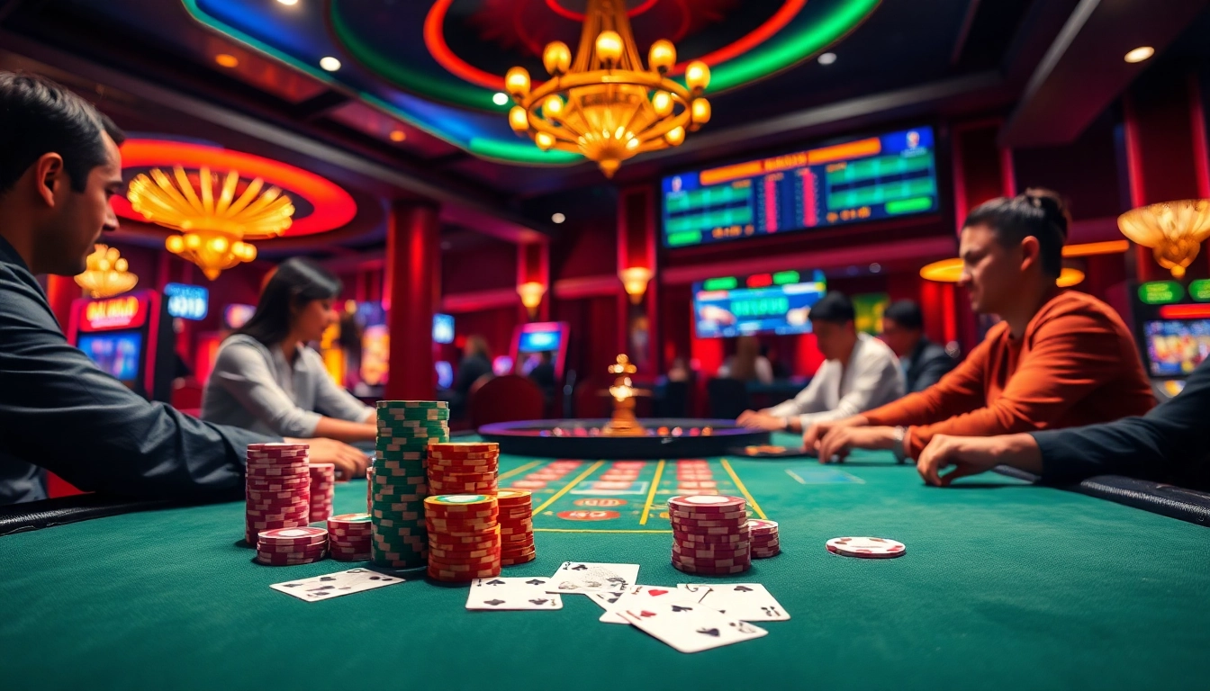 Exciting poker game at nhà cái GO99 casino, showcasing colorful chips and engaging atmosphere.