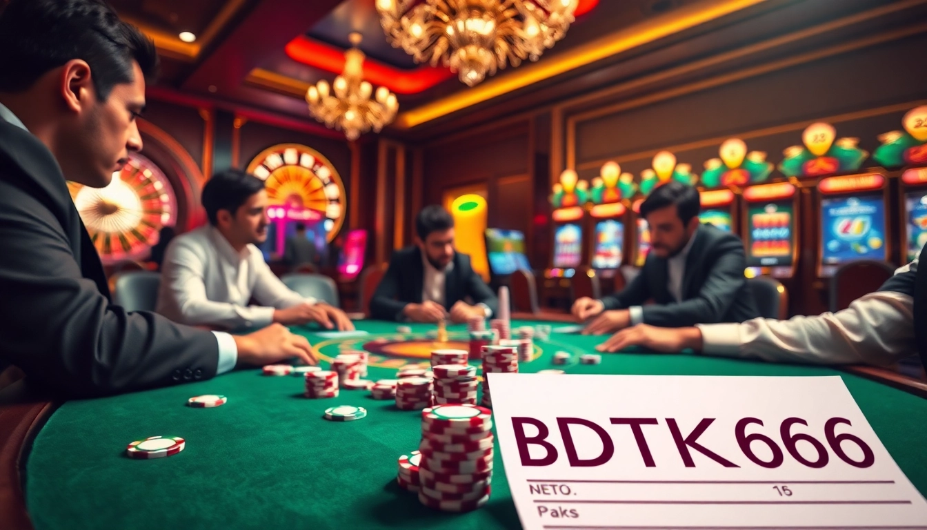 Experience BDTK666 in an exciting casino atmosphere with poker players and roulette.