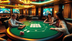 Engage in רמיקוב אונליין with friends at a luxurious casino table, showcasing vibrant tiles and interactive gameplay.