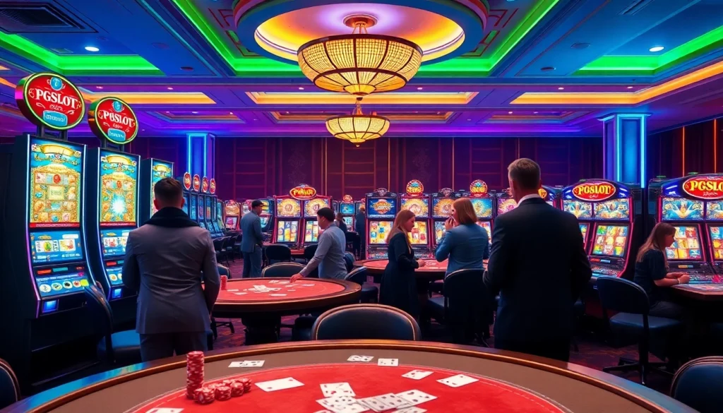 Experience the excitement of PGSLOT with vibrant casino gaming featuring slot machines and lively players.