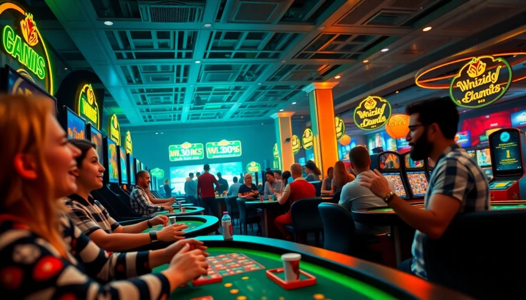 Experience the thrill of online gaming at https://jun88pl.com/ with engaging visuals of players enjoying various casino games in a vibrant environment.