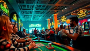 Experience the thrill of online gaming at https://jun88pl.com/ with engaging visuals of players enjoying various casino games in a vibrant environment.