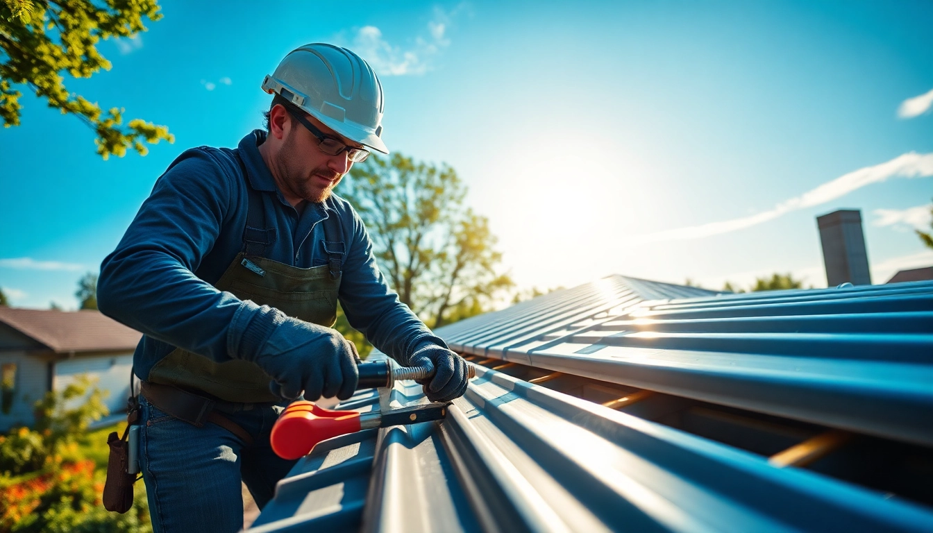 Installing metal roofing showcasing vibrant colors and professional craftsmanship in a suburban setting.