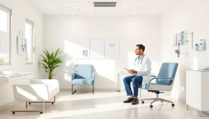 包茎手術 おすすめ — 思いやりのある医師と患者がいる現代的なクリニックのカウンセリングルーム。