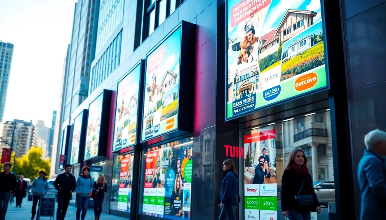 Pantallas LED vibrantes que muestran carteles inmobiliarios en Alicante en una agencia inmobiliaria moderna.