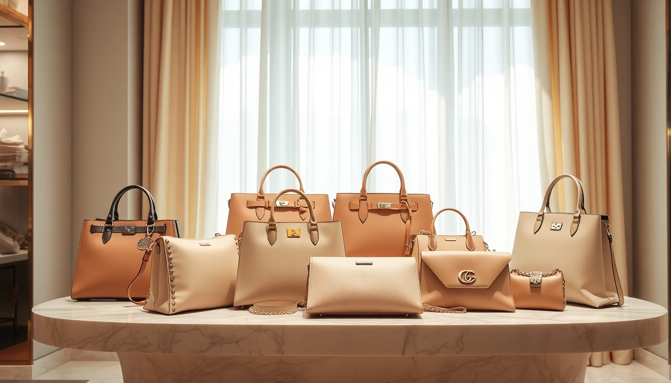 명품 이미테이션 가방을 우아하게 전시한 모습, 고급스러운 분위기 연출.