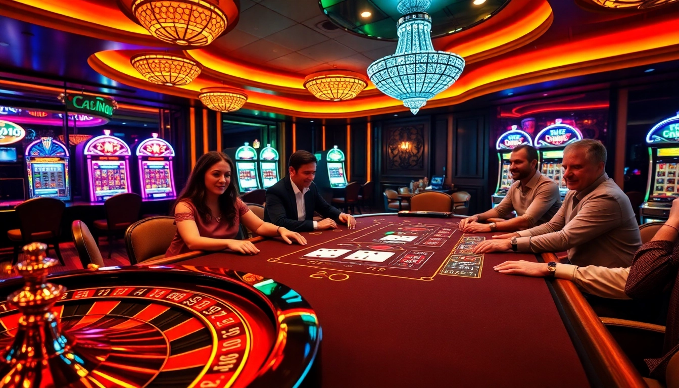 Nohu90 enthusiasts engage at a glamorous casino table, showcasing excitement and strategy in gambling.