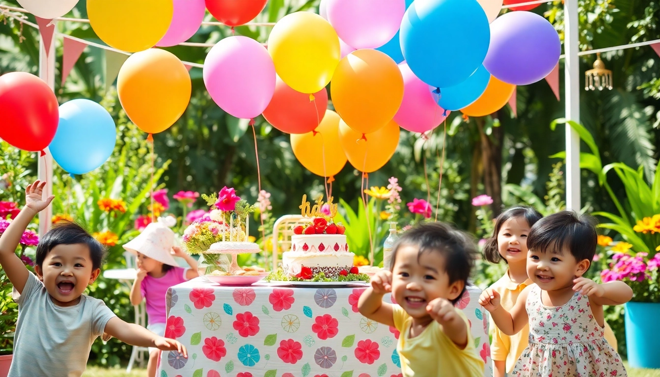 Celebrate a joyful Singapore birthday party with colorful decorations and excited children playing.