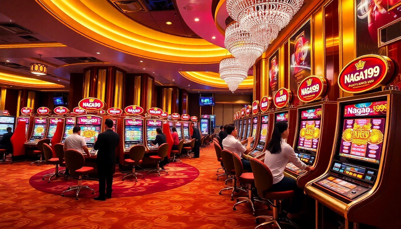 Naga99 slot machines illuminating a busy casino floor filled with eager gamblers seeking jackpots.