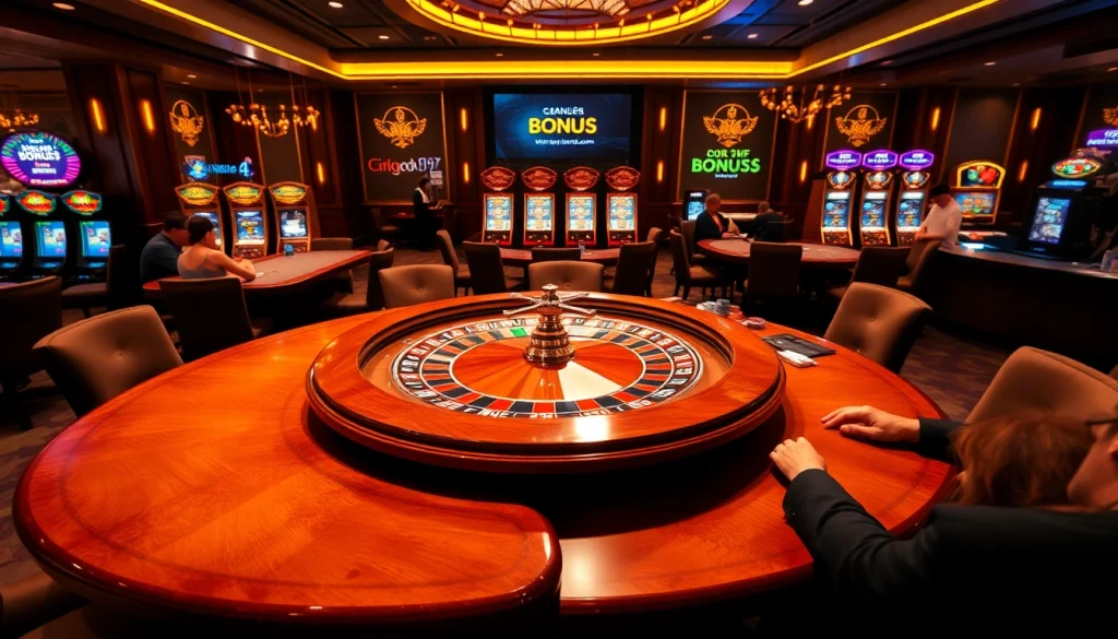 Engaging gambling scene at https://go8f.com/ with roulette, poker tables, and slot machines.