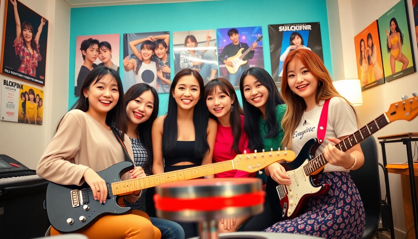 Showcase the blackpink members Jisoo, Jennie, Rosé, and Lisa collaborating in a vibrant studio.