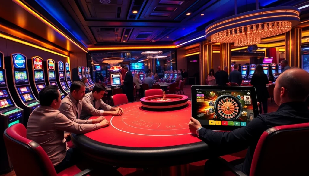 Players enjoy a thrilling game night at OKFUN Casino with vibrant lights and exciting slot machines.