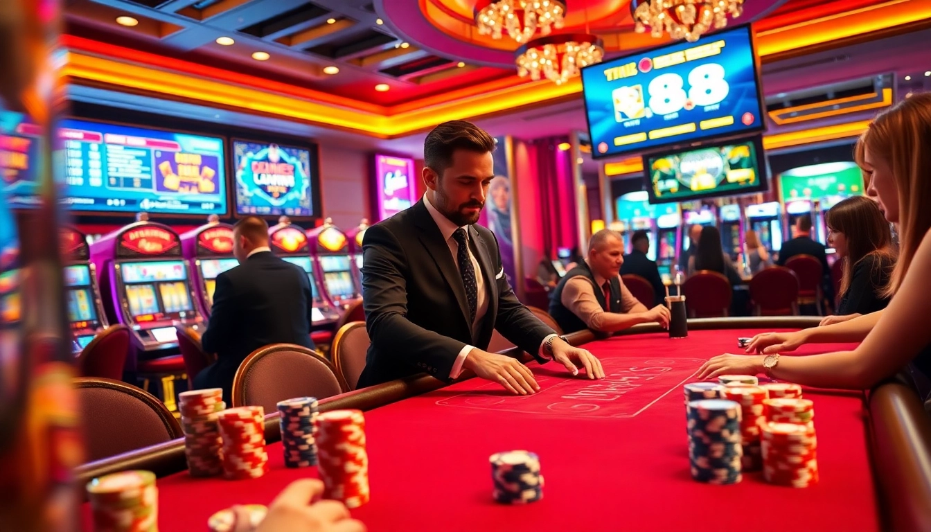 Exciting poker game at a luxury casino, highlighting LC 88 betting strategies with vibrant chips.