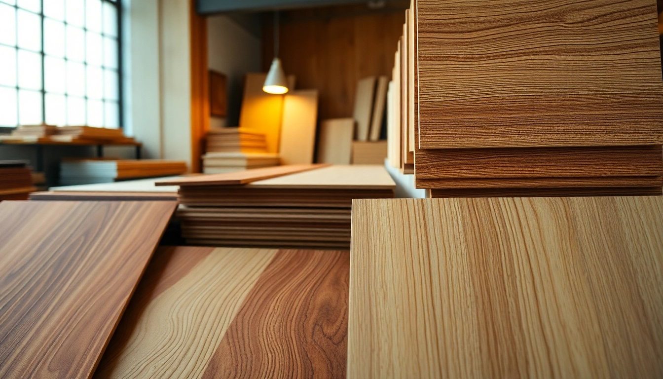 Showcase of wood veneer sheets highlighting unique grain patterns in a professional setting.