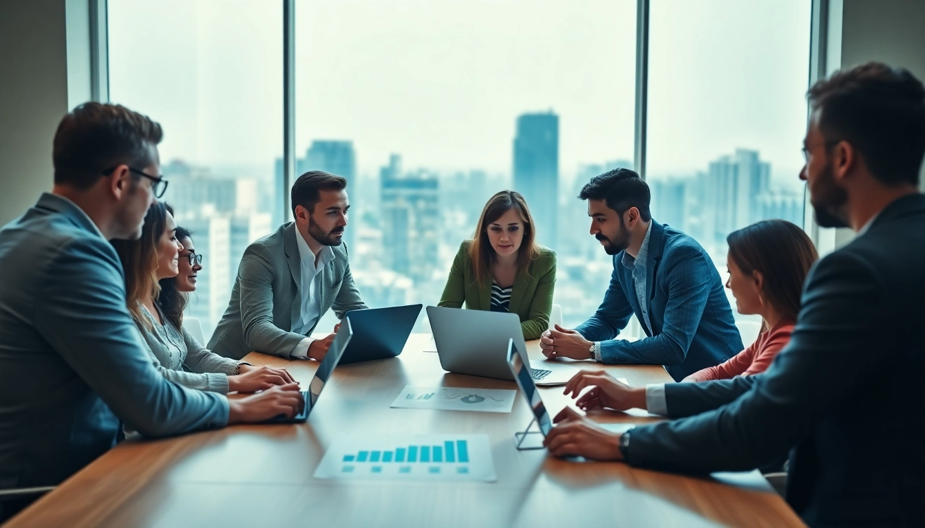 Analyze growth strategy trends with a professional team in a bright office setting.