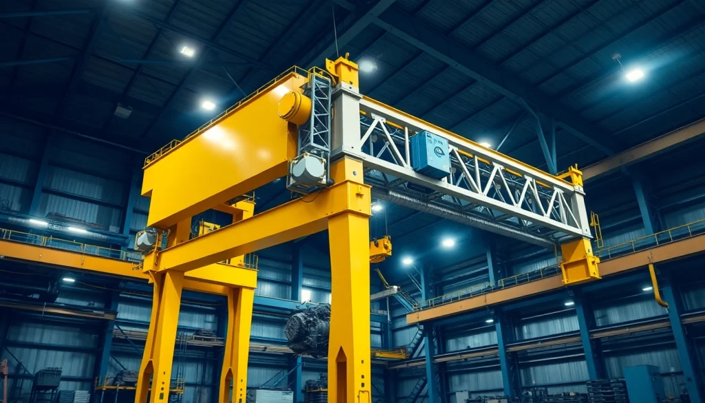Bridge crane lifting heavy machinery in an industrial warehouse environment, showcasing its robust functionality.
