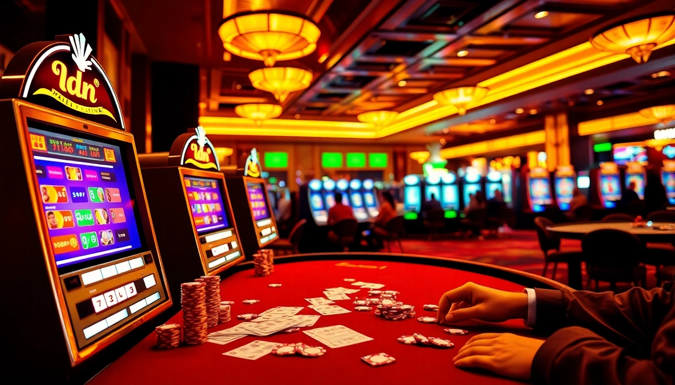Experience the excitement of idn slot gaming with vibrant machines and joyful players in a luxury casino.