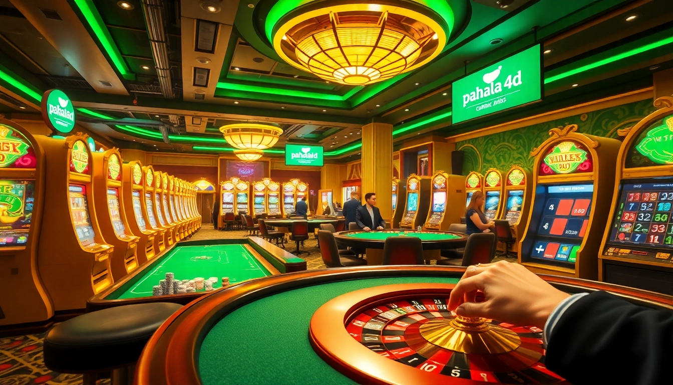 Pahala4d gaming excitement with vibrant slot machines and dynamic casino tables.