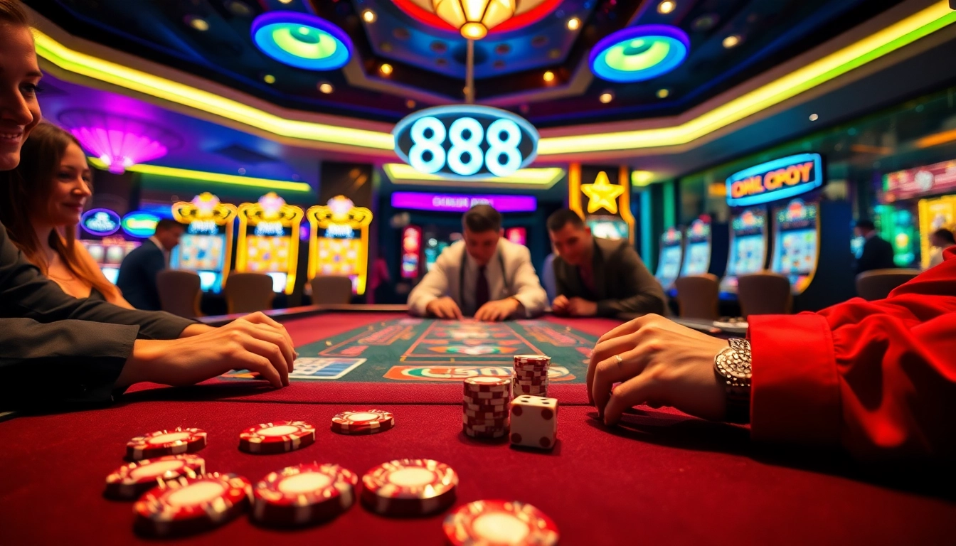 Exciting gameplay at a u 888 casino table with vibrant poker chips and dynamic players.